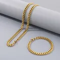 Polished gold stainless steel Cuban link necklace and bracelet jewelry set for men and women - 7mm Width (20cm Bracelet) / Gold