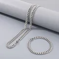 Minimalist stainless steel Cuban chain necklace and bracelet set in silver finish - 7mm Width (20cm Bracelet) / Steel