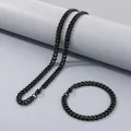 Elegant black stainless steel Cuban link necklace and bracelet set for hip hop style - 7mm Width (20cm Bracelet) / Black