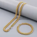 Polished gold stainless steel Cuban link necklace and bracelet jewelry set for hip-hop style - Bracelet / 8mm Width (20cm) / Gold