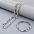 Unisex silver-tone stainless steel Cuban link necklace and bracelet set for hip-hop style - 8mm Width (20cm Bracelet) / Steel
