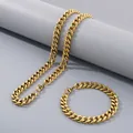 Elegant gold plated stainless steel Cuban link chain necklace and bracelet jewelry set - 9.5mm Width (20cm Bracelet) / Gold