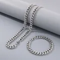 Polished stainless steel Cuban link chain necklace and bracelet set for men and women - 9.5mm Width (20cm Bracelet) / Steel