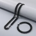Unisex black stainless steel Cuban link necklace and bracelet set for hip hop style - 9.5mm Width (20cm Bracelet) / Black