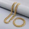 Polished gold-plated stainless steel Cuban link necklace and bracelet jewelry set - 11mm Width (20cm Bracelet) / Gold