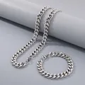 Polished silver stainless steel Cuban link necklace and bracelet set for hip-hop - 11mm Width (20cm Bracelet) / Steel