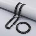Black stainless steel Cuban link necklace and bracelet set for men and women - 11mm Width (20cm Bracelet) / Black
