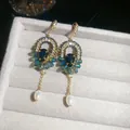 Vintage French style gold drop earrings with sparkling blue crystals and white pearls for women - 35# Ear Hook - Gold - Blue
