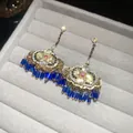 Exquisite vintage French gold-tone earrings with sparkling yellow crystals and blue tassel fringe - 36# Stud Earrings - Gold - Blue
