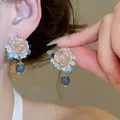 Elegant French retro crystal rose earrings with blue bead pendants for sophisticated women - 37# Stud Earrings - Gold - Blue - Pink
