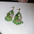 Vintage French style gold dangle earrings with emerald green crystals and tassels - 38# Stud Earrings - Gold - Green