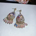 Elegant French vintage palace style teardrop drop earrings with pink crystal tassels - 39# Stud Earrings - Gold - Pink