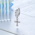 Retro Fleur-de-lis cross hoop earring in polished silver with sparkling zirconia stones - Three-Stone Hoop Cross (A1394-2#) / Single Piece / Silver