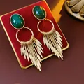Vintage ethnic style gold tassel earrings with dark green stones on red velvet stand - Ethic Tassel Oval Green Gem (50#) / Gold Green
