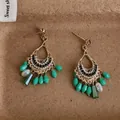 Bohemian ethnic style gold tassel earrings with green crystal beads and white pearls - Streaming Flower Tassel (69# 925 Sterling Silver Earring Post-Gold) / Green