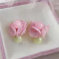 Elegante rosa Stoffblumenohrringe mit rosa Marmorperlen und Silbernadeln für Damen - Ohrstecker (72#) / Rosa, Grün