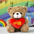 Macro view of a cute curly brown teddy bear plush toy holding a vibrant red heart pillow - China Heart Bear / 20cm / Brown