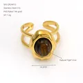 14K gold plated stainless steel open ring featuring a natural oval tiger's eye stone - Gold Tiger's Eye Style (ZR2441G)