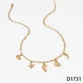Golden stainless steel paperclip chain necklace with starfish and seahorse charms - Necklace (D1731) / Gold