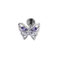 Butterfly cartilage stud earring with purple cubic zirconia in F136 titanium metal finish - Butterfly Style (A776-3) / 1.2x8mm Internal Thread Titanium Post / Purple
