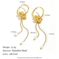 Bohemian stainless steel flower tassel earrings with pearls, 18K gold plated finish - Hoop Flower Teardrop Pearl Tassel Style (E8210) / Gold