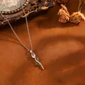 Elegant tulip pendant necklace with pink and green stones on a stainless steel chain - Tulip (T079) / Pink Rhinestone Necklace / Silver