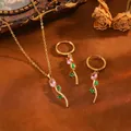 Parure de bijoux floraux avec zircone rose et verte sur une chaîne en acier doré - Tulipe (T079) / Parure Collier et Boucles d'Oreilles Strass Rose / Or