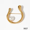 Elegante broche abstracto de acero inoxidable chapado en oro con perla, modelo X027 - Estilo Artístico en U Dorado (X027) / Dorado