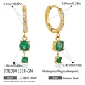 Technical detail of 18k gold plated stainless steel hoop earrings with green stones. - Green Zirconia Earrings (JDE0301318-GN) / Gold Style