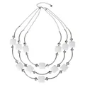 Elegant three-layer layered necklace featuring white square beads and grey crystal accents - White