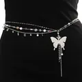 Chaîne de taille élégante en perles avec un pendentif papillon étincelant et des glands - Gland de Papillon en Strass / Blanc (M-582)