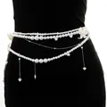 Detailed view of white multi-layer pearl waist chain with elegant floral shell charms - White (6658)