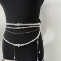 Elegant multi-layered pearl waist chain with silver tassels on black torso - White (9924)