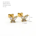 Detail view of 14K gold plated butterfly stud earrings with zircon inlay and measurements - Butterfly Style (ZR2329G-02) / 14.2x7.7mm / Gold