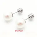 Minimalistische Edelstahl-Ohrstecker mit Muschelperlen in Silberoptik - Doppelschichtscheiben Verschluss / 8mm Perle / Silber