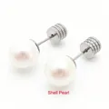 Minimalistische silberne Edelstahl-Ohrstecker mit eleganten weißen Muschelperlen - Gezahnter Zylindrischer Verschluss / 6mm Perle / Silber