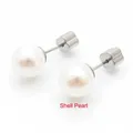 Elegante klassische weiße Muschelperlen Ohrstecker mit Edelstahlstiften für Damen - Vierblattblumen Verschluss / 6mm Perle / Silber