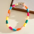 Detailed view of colorful marbled acrylic cylindrical bead necklace in dopamine style - Long Necklace / Colorful