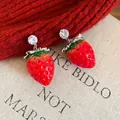 Sweet red strawberry ear studs with sparkling clear crystals for women - Red Rhinestone Style (925 Sterling Silver Earring Post)