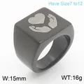 Black stainless steel signet ring with heart hand engraving and 15mm width band - Size 7 / Hands Holding Heart Square Style (KR111361-Z) / Black
