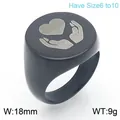 Matte black stainless steel signet ring with laser engraved heart and hands logo design - Size 6 / 18mm Round Style with Heart and Hands Pattern (KR111366-Z) / Black