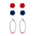 Independence Day earring set featuring red and blue rose studs and striped hoops - 3-Piece Set Style (5986)