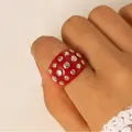 Chic punk style red resin wide band ring decorated with double-row silver metal rivets - Ring (4158)