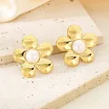 Elegant 18K gold-plated flower stud earrings with pearl center and textured petals - Wrinkled Pearl Five-Petal Flower (KE115792-GC) / Gold