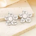 Elegant silver textured flower stud earrings with a central white pearl and wrinkled petal design - Wrinkled Pearl Five-Petal Flower (KE115791-GC) / Steel