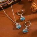 Elegante set gioielli cigno con occhio di gatto blu, collana e orecchini - Set T064 Cigno Con Diamanti Blu Argento