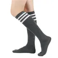 Athletic dark grey knee-high socks for women featuring three classic white stripes - One Size / Dark Grey/White Stripes