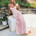 Elegant pink spaghetti strap A-line maxi dress with ruched bust detail for summer outings - S / Pink