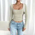 Sexy Y2K style square neck ribbed knit long sleeve crop top in sage green variant - XS / Beige