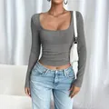 Elegant grey long sleeve ribbed square neck cropped top for women in Y2K fashion style - XS / Dark Gray